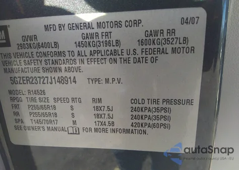 2007 Saturn Outlook Xr из США, поврежденный, VIN 5GZER23727J148914